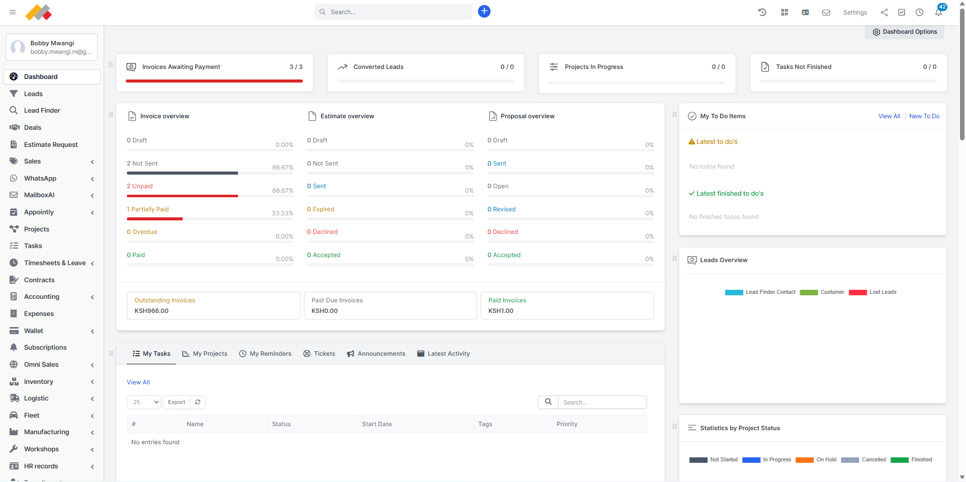Maur CRM Dashboard showing project management, M-Pesa payments, and KRA eTIMS invoice interface for Kenyan businesses